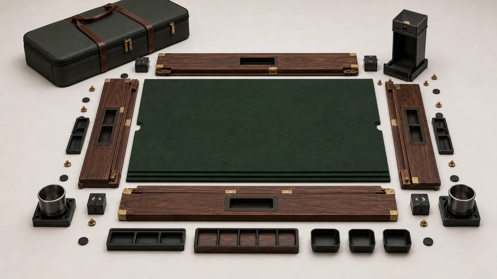 Exploded view of BoardFold rails, mat, trays, cup holders, and storage