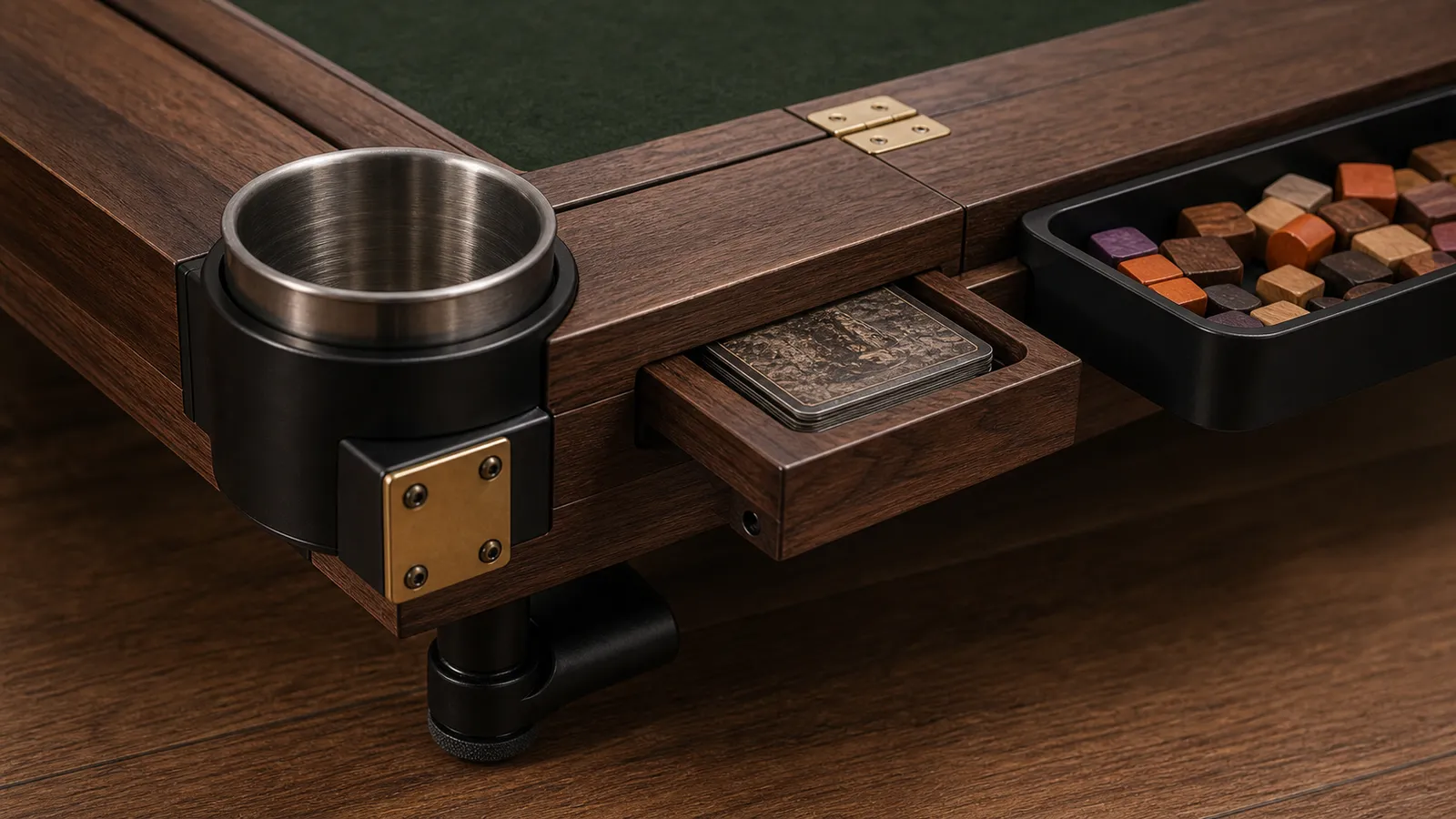 Close-up of rails, hinges, felt, trays, and cup holders