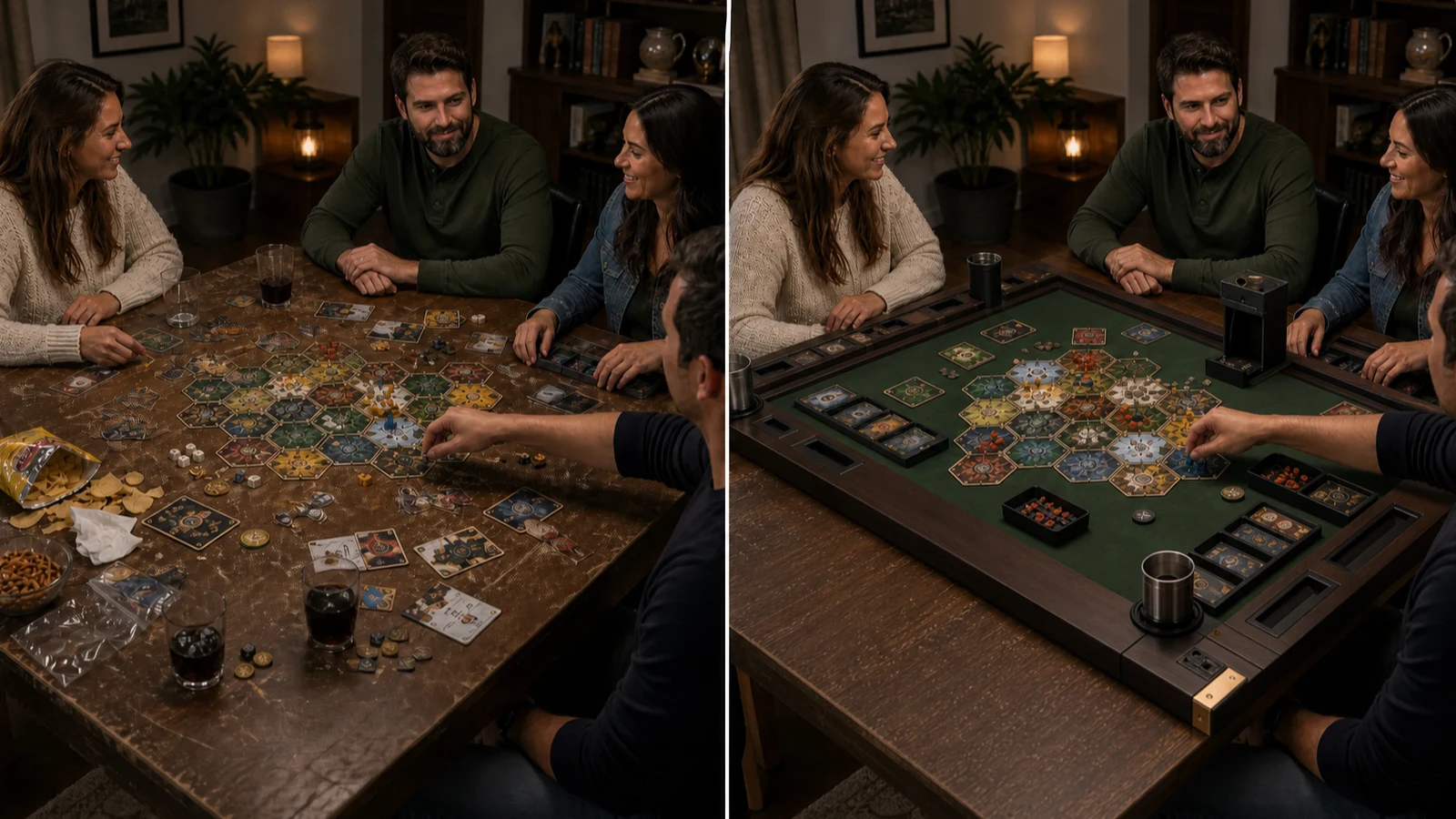 Before and after comparison of a dining table game setup