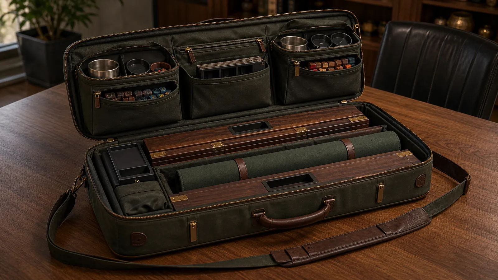 BoardFold packed into a carry case beside the table