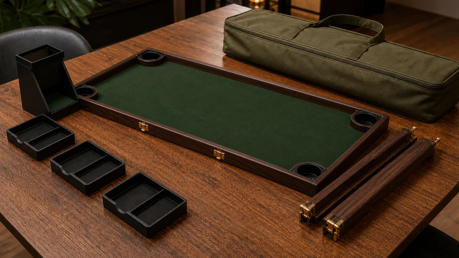 BoardFold Game Night Kit with foldable rails, accessories, and carry case